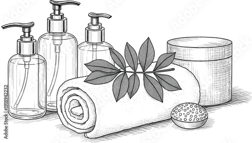 Vintage black and white sketch vector illustration set featuring organic cosmetic pump bottles rolled towel spa soap and leaves for beauty wellness branding.