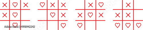 Tic tac toe love game pattern in red outline. Romantic X and heart grid design for playful themes. Clean vector background for cards, apps, 