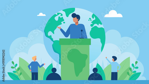 Politician speaking at podium in front of globe addressing audience about global leadership and democracy illustration