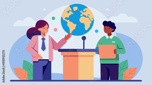 Students presenting project about global education with globe in classroom discussion flat illustration