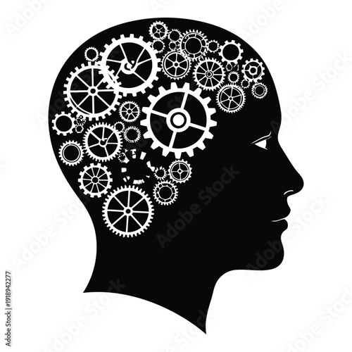 Human head silhouette with gears and cogs inside isolated on white background