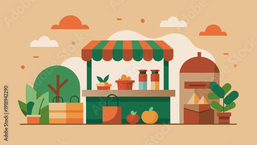 Outdoor market stall with fresh fruits and vegetables on display in sunny setting colorful flat illustration of local grocery shop
