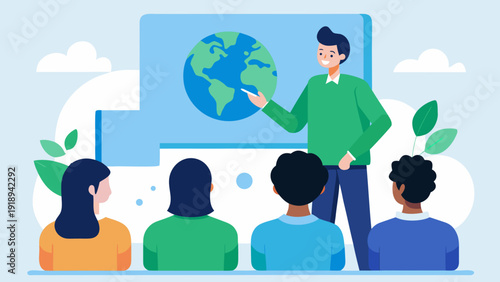 Teacher explaining world map to students in classroom presentation about geography and global education illustration