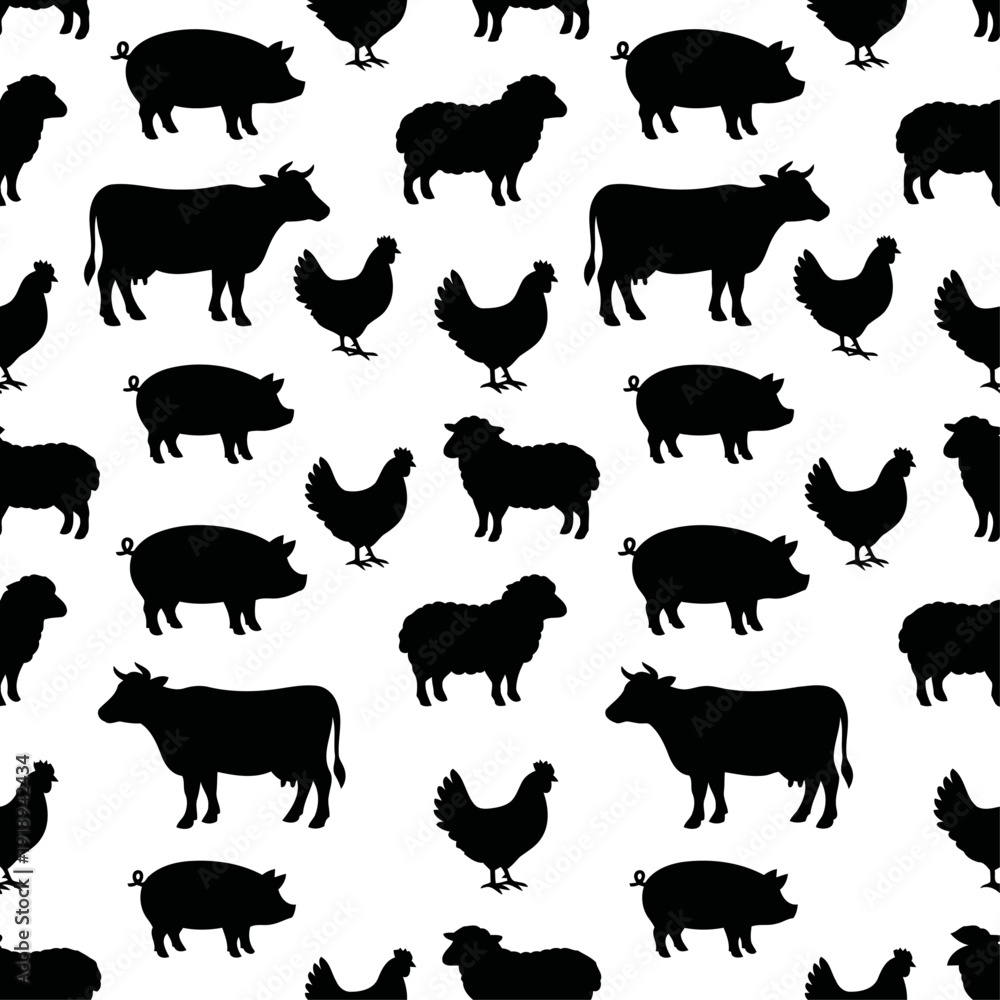 Fototapeta premium Seamless Farm Animal Silhouette Pattern - Cute Countryside Barnyard Vector