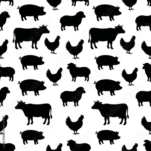 Seamless Farm Animal Silhouette Pattern - Cute Countryside Barnyard Vector