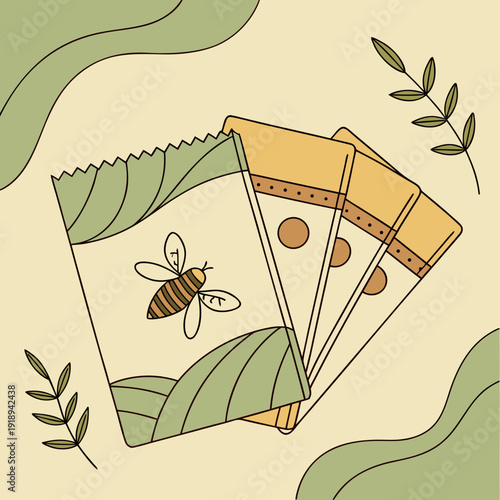Hand-drawn illustration of seed packets with a bee and abstract green waves, representing gardening, nature, and organic products
