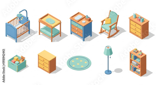 Collection of isometric nursery and children room furniture items.