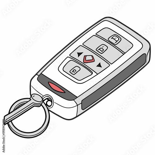 White car key with multiple buttons for locking, unlocking, and trunk access, connected to a silver ring, signifying vehicle security and convenience