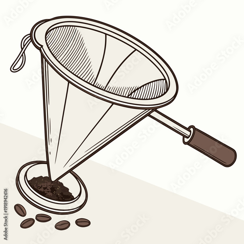 Vintage illustration of a cloth coffee filter cone with ground coffee and beans, showcasing traditional brewing methods.