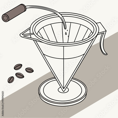 Illustration of a V60 coffee dripper with hot water pouring over coffee grounds and beans, emphasizing the pour-over technique.