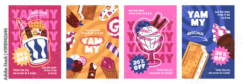 Advertising posters of ice cream cafe set. Designs of special offers and sales for icecream. Promotion templates with summer desserts, popsicle, sundae, gelato, sorbet. Flat vector illustrations
