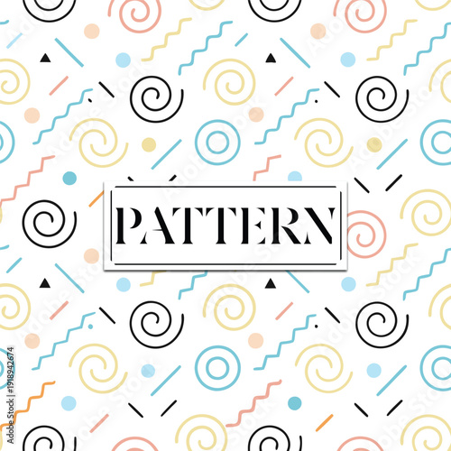 Pastel colored abstract geometric pattern with swirls dots lines triangles and zigzags on white background with center text box