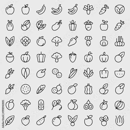 Fruit and Vegetable Line Icon Set – Healthy Food Outline Symbols Collection