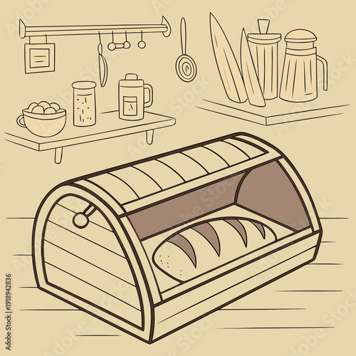 Open wooden bread box filled with a loaf of bread on a kitchen shelf, simple line art illustration