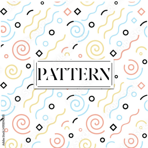 Seamless pastel wavy lines circles and geometric shapes pattern with central text placeholder abstract
