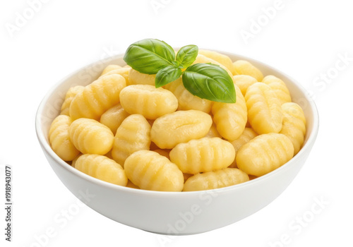 A bowl of creamy gnocchi garnished with fresh herbs and a drizzle of olive oil isolated on transparent background