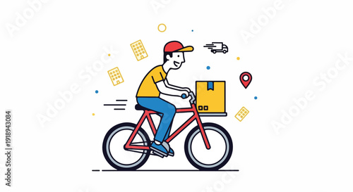 A delivery person riding a bicycle with a package, surrounded by floating icons on a white background with a playful and modern feel.