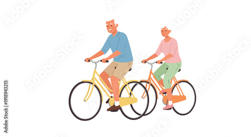 Illustration of a man and woman riding bicycles side by side in a simple, flat style against a clean white background.