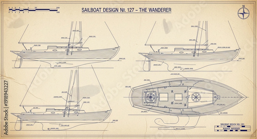 Vintage Blueprint of a Sailing Ship Design.