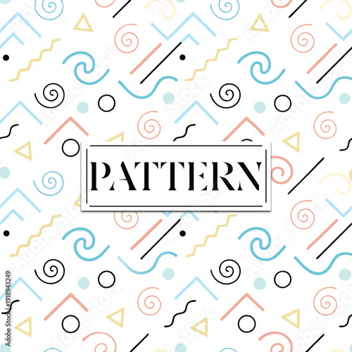 Abstract geometric pattern with multicolored shapes swirls and lines on white background with centered text box