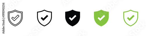 Shield check mark security protection icon with tick symbol. Green shield vector illustration design.
