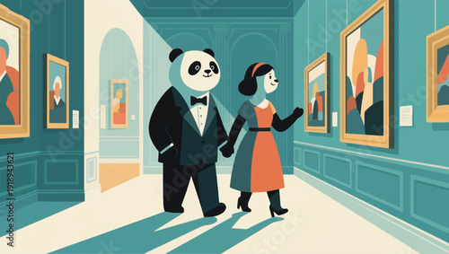 Illustration Of Panda Wearing Neat Clothes, And Panda Wearing A Dress, Walking Side By Side In An Art Museum Vector Design Template
