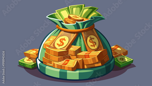 Highly detailed 3D render of a classic money bag filled with cash, showcasing texture, depth, and realism, perfect for financial advertising, investment promotions, and economic visualization projects