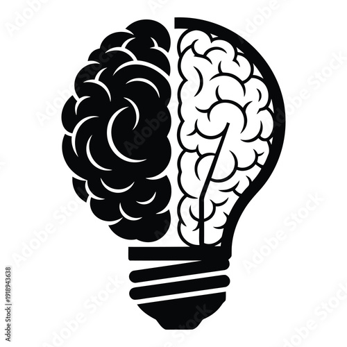 Black and white brain inside a lightbulb isolated on white background