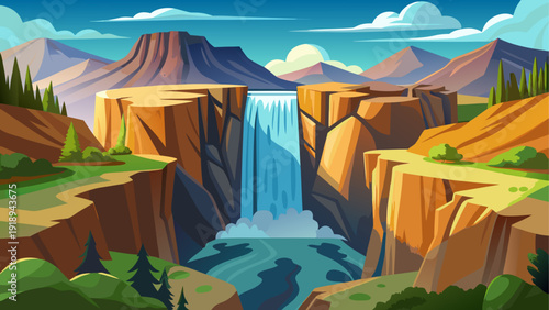 Minimal cartoon vector of a very narrow waterfall dropping from extreme height cliff into deep valley flat clean nature style