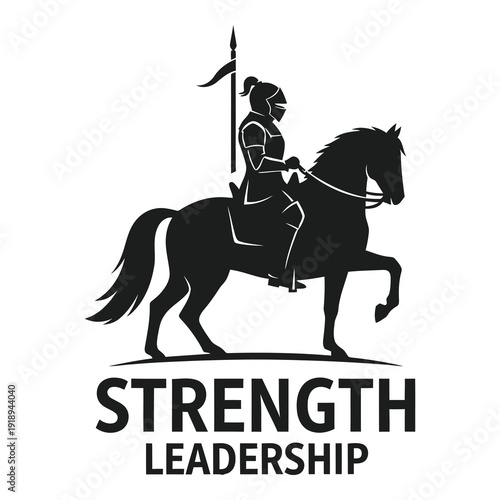 Black silhouette knight on horseback with strength leadership text