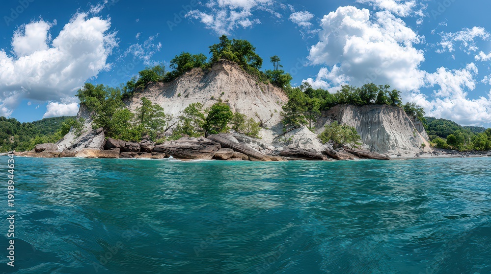 Naklejka premium Tropical Island Paradise with Turquoise Water and Lush Greenery Under a Partly Cloudy Sky Panoramic View