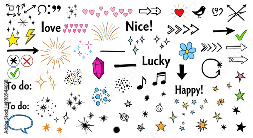 A collection of colorful graphic symbols and icons featuring various expressions and actions on a white background with words like love, lucky, and happy.