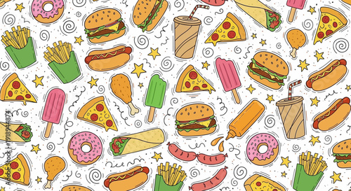 A colorful illustration of various food items scattered on a surface with decorative swirls and stars featuring dfghtred elements.