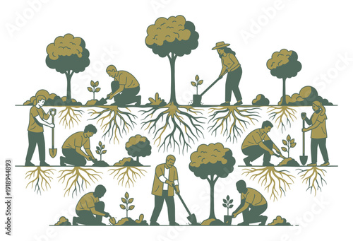 Community Tree Planting - Diverse Group, Vector Illustration
