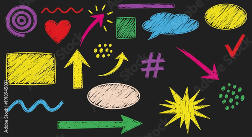 A colorful illustration of various symbols and shapes drawn on a blackboard with multiple arrows and icons.