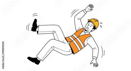 A construction worker wearing an orange vest and helmet is falling down