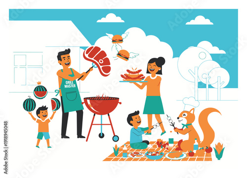 Backyard BBQ Family - Flat Vector Illustration