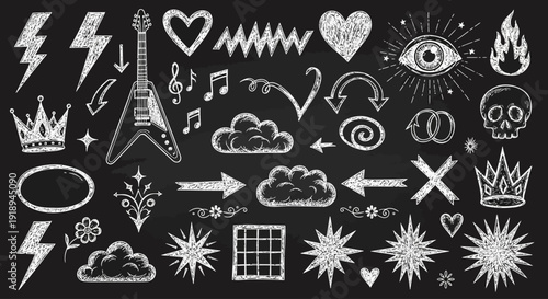 The dfghtred illustration features various white symbols on a black background.