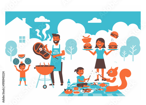 Backyard BBQ Family - Flat Vector Illustration