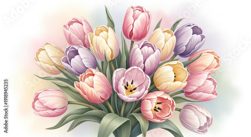 Vibrant bouquet of pastel tulips in shades of pink purple and yellow on white background with soft gradient