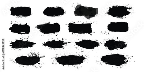 Brush strokes, black ink lines, vector abstract set with paint brush grunge texture on white background.High quality manually traced. Drops blots isolated. Vector isolated elements set.