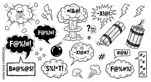Various explosion and speech bubble illustrations depict chaotic reactions and comments