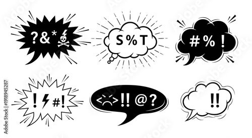 Black and white illustration of various comic speech bubbles with symbols and exclamations.