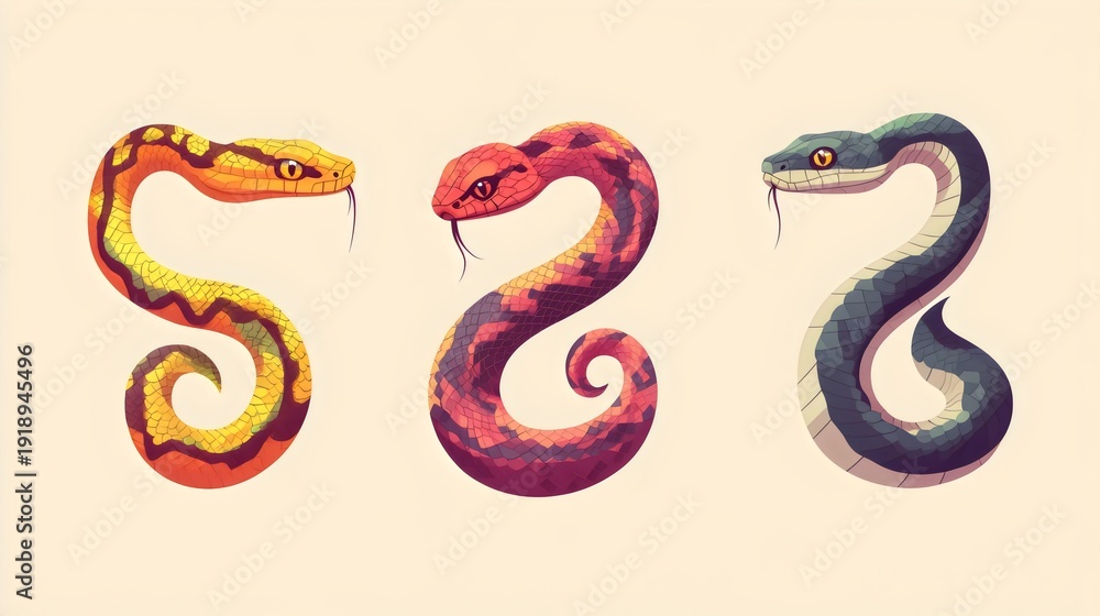 Obraz premium Set of different Snakes illustrations with Colorful S-Curve Poses