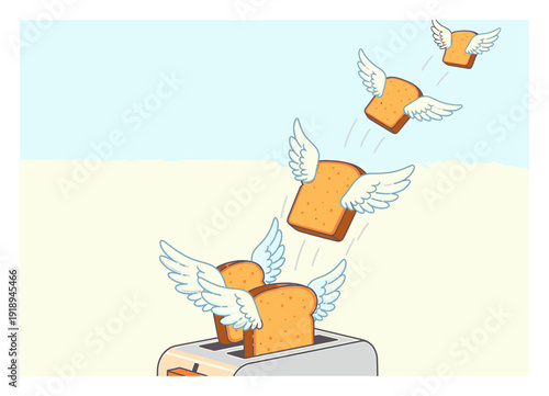 Flying Toast - Angel Bread, Surreal Vector Illustration