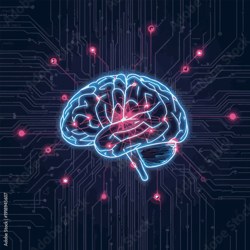 Digital illustration of a transparent glowing brain integrated with circuits, symbolizing AI, neural networks, and future technology.