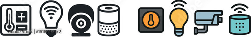 Multiple icons representing smart home technology features such as a thermostat, smart bulb, webcam, and smart speaker, demonstrating automation and connectivity in home systems.