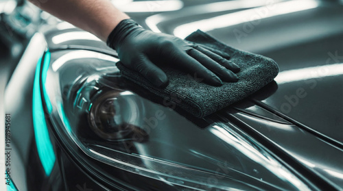 Person wearing black latex gloves carefully cleaning and polishing the shiny dark surface of a modern car hood and headlight with a microfiber cloth, ensuring a spotless finish