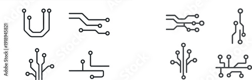 Four abstract circuit board designs illustrate the intricate connections and patterns typical of modern technology. These designs represent innovation in electronics.