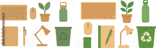 A creative arrangement of workspace essentials including a keyboard, mouse, plant, notebook, pen, lamp, and recycling bin in a minimalist style, emphasizing an eco-friendly approach.